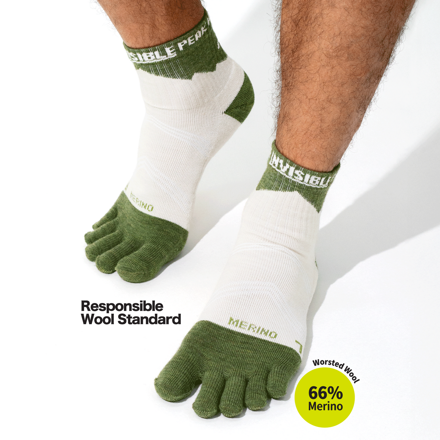 Invisible Company X The Peak Hunter 美麗諾羊毛越野跑針對性緩衝中筒五趾襪[柳綠色]