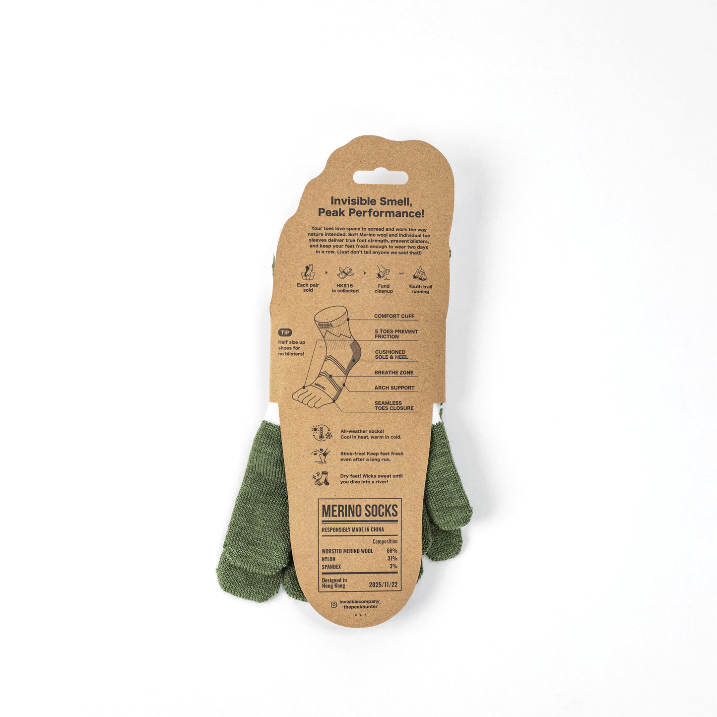 Invisible Company X The Peak Hunter 美麗諾羊毛越野跑針對性緩衝中筒五趾襪[柳綠色]